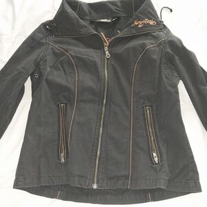 Black Zip-Up Jacket with Embroidered Detail